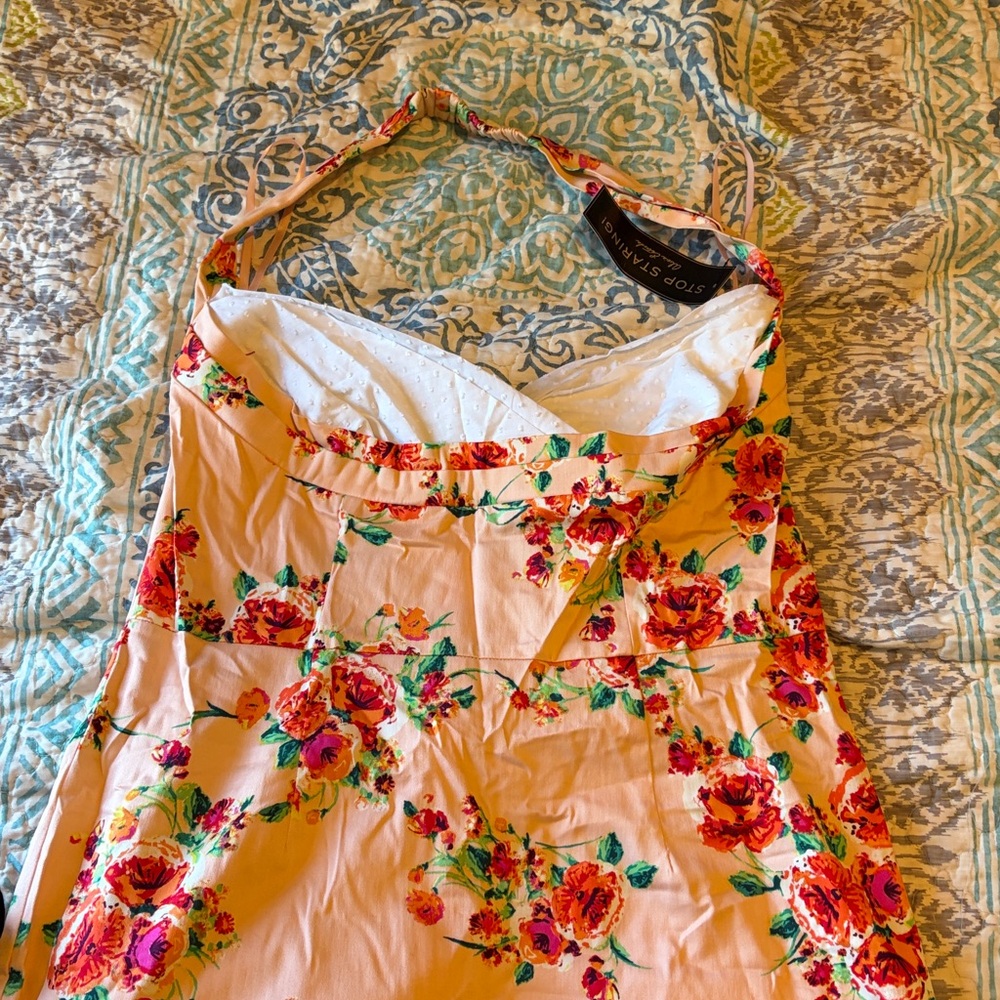 Stop Staring Peach floral with Swiss dot wiggle dress.